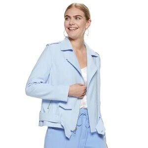 NWT Nine West Crepe Moto Light Blue Women's Belted Jacket size Medium